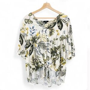 Haver London Xl Ivory Palm Botanical Linen Blend Puff Sleeve Tie Front Tunic